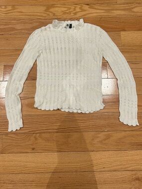 Topshop White Knit Ruffle-Trim Long Sleeve Top